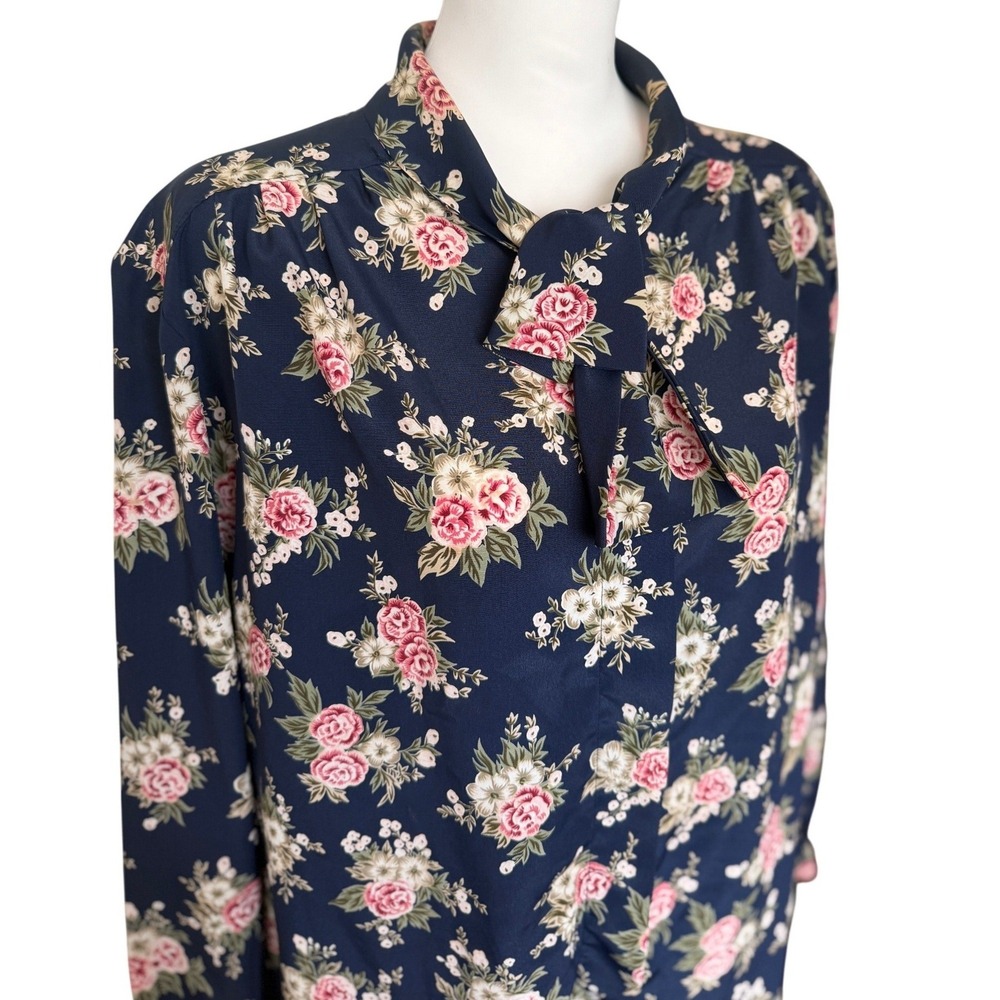 VTG Haberdashery Leslie Fay‎ Floral Blouse Navy Pink Size 18 L USA Made Career
